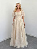 Elegant Square Neck Sheer Tulle Floral Embroidered Maxi Dress