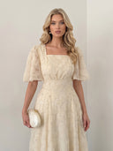 Elegant Square Neck Sheer Tulle Floral Embroidered Maxi Dress