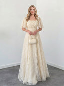 Elegant Square Neck Sheer Tulle Floral Embroidered Maxi Dress