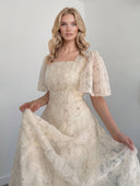Elegant Square Neck Sheer Tulle Floral Embroidered Maxi Dress