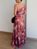 Elegant One-Shoulder Mesh Abstract Watercolor Print Maxi Dress
