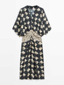 Casual Abstract Plaid Print Kimono Sleeve Maxi Dress