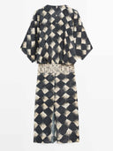 Casual Abstract Plaid Print Kimono Sleeve Maxi Dress