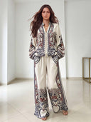 Elegant Paisley Print Zip-Up Shirt & Wide Leg Pants Set