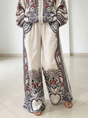 Elegant Paisley Print Zip-Up Shirt & Wide Leg Pants Set