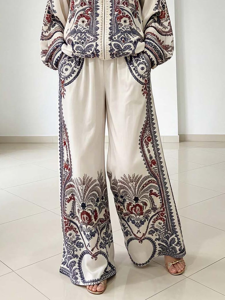 Elegant Paisley Print Zip-Up Shirt & Wide Leg Pants Set