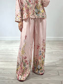 Elegant Floral Print Satin Shirt & Wide Leg Pants Set