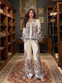 Elegant Paisley Print Zip-Up Shirt & Wide Leg Pants Set