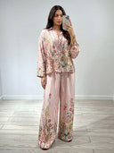 Elegant Floral Print Satin Shirt & Wide Leg Pants Set