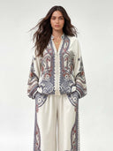 Elegant Paisley Print Zip-Up Shirt & Wide Leg Pants Set