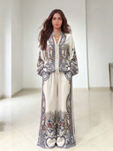 Elegant Paisley Print Zip-Up Shirt & Wide Leg Pants Set
