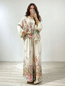 Elegant Floral Print Satin Shirt & Wide Leg Pants Set