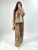 Elegant Floral Print Satin Shirt & Wide Leg Pants Set
