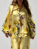 Exquisite Floral Butterfly Print Satin Two-Piece Set