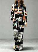 Casual Artistic Print Zip-Up Shirt & Wide-Leg Pants Two-Piece Set