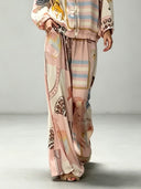 Casual Artistic Print Zip-Up Shirt & Wide-Leg Pants Two-Piece Set