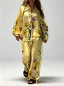 Exquisite Floral Butterfly Print Satin Two-Piece Set