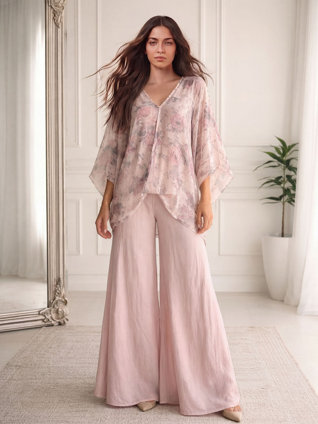 Casual Floral Print Flowing Top & Wide-Leg Pants Set