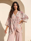 Casual Floral Print Flowing Top & Wide-Leg Pants Set