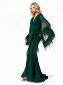 Elegant V-Neck Feather Cuff Chiffon Flowing Party Maxi Dress