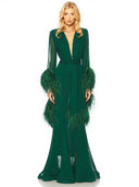 Elegant V-Neck Feather Cuff Chiffon Flowing Party Maxi Dress