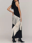 Elegant Asymmetrical Fringe Trim Bodycon Maxi Dress
