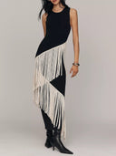 Elegant Asymmetrical Fringe Trim Bodycon Maxi Dress
