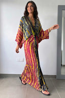 V-Neck Printed Slit Streamer Design Maxi Dress