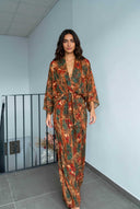 V-Neck Printed Slit Streamer Design Maxi Dress