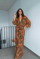 V-Neck Printed Slit Streamer Design Maxi Dress