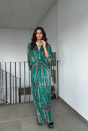 V-Neck Printed Slit Streamer Design Maxi Dress