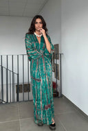 V-Neck Printed Slit Streamer Design Maxi Dress