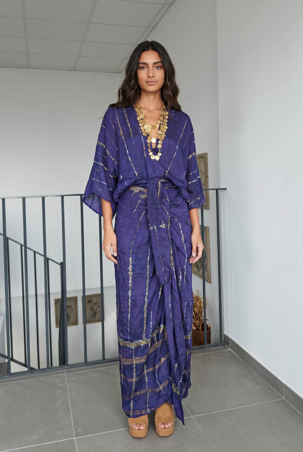 V-Neck Printed Slit Streamer Design Maxi Dress