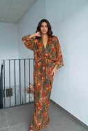 V-Neck Printed Slit Streamer Design Maxi Dress
