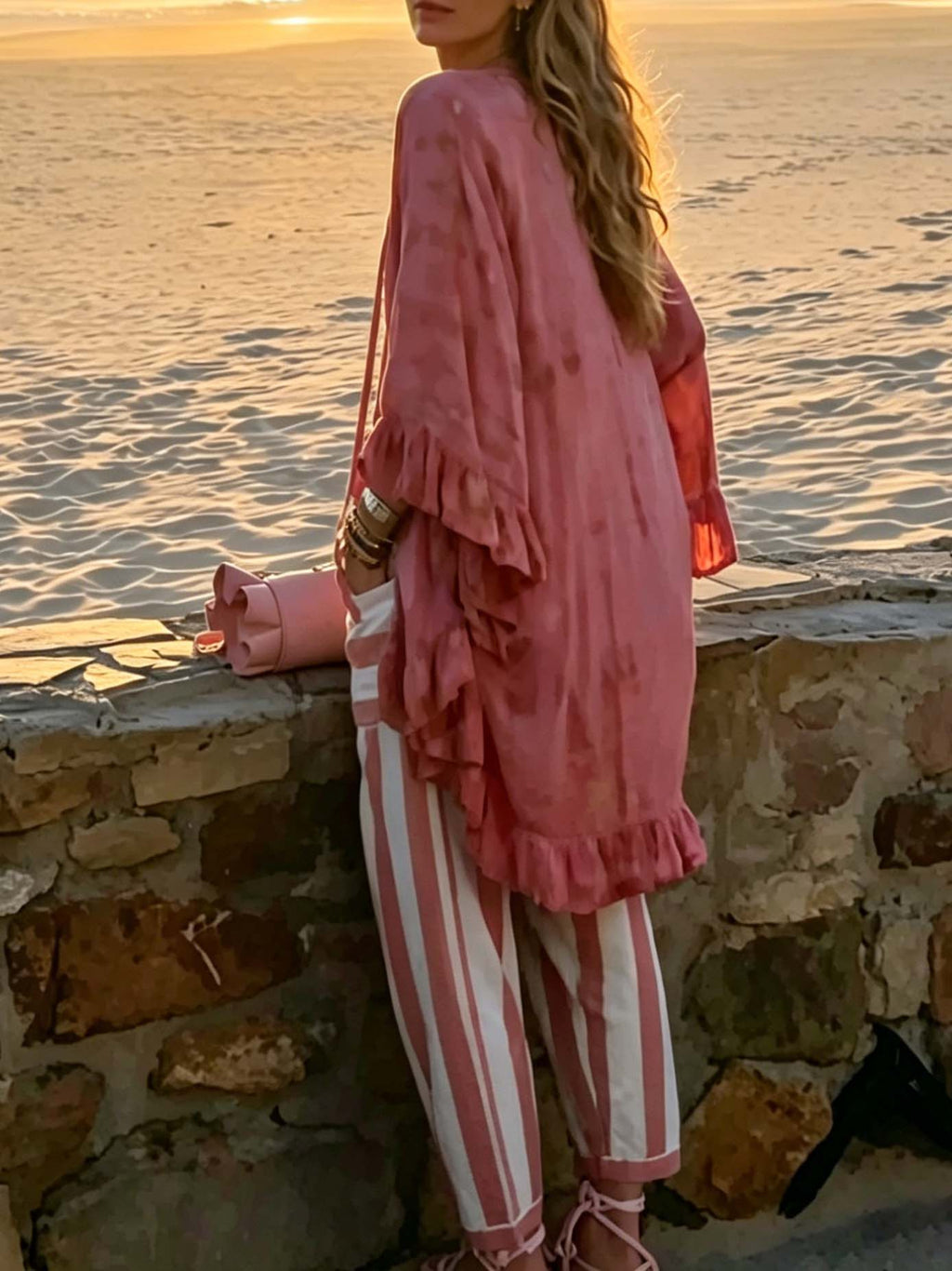 Casual Tie-Dye Lotus Leaf Sleeve Top & Striped Pants Two-Piece Set