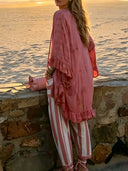 Casual Tie-Dye Lotus Leaf Sleeve Top & Striped Pants Two-Piece Set