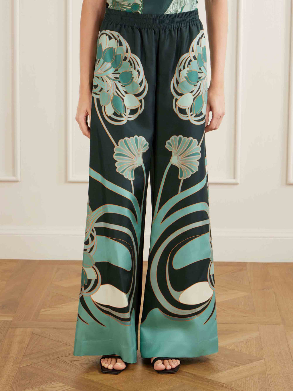 Retro Artistic Print Fringe Trim Asymmetrical Top & Pants Two-Piece Set