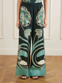 Retro Artistic Print Fringe Trim Asymmetrical Top & Pants Two-Piece Set