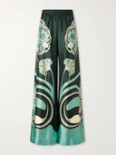 Retro Artistic Print Fringe Trim Asymmetrical Top & Pants Two-Piece Set