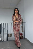 V-Neck Printed Slit Streamer Design Maxi Dress