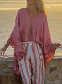 Casual Tie-Dye Lotus Leaf Sleeve Top & Striped Pants Two-Piece Set