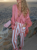 Casual Tie-Dye Lotus Leaf Sleeve Top & Striped Pants Two-Piece Set