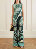 Retro Artistic Print Fringe Trim Asymmetrical Top & Pants Two-Piece Set