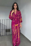 V-Neck Printed Slit Streamer Design Maxi Dress