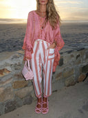 Casual Tie-Dye Lotus Leaf Sleeve Top & Striped Pants Two-Piece Set