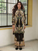 Elegant Baroque Floral Print Long Sleeve Top & Wide-Leg Pants Set
