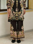 Elegant Baroque Floral Print Long Sleeve Top & Wide-Leg Pants Set