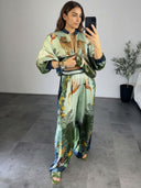 Exotic Jungle Print Zip-Up Shirt & Wide Leg Pants Set