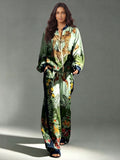Exotic Jungle Print Zip-Up Shirt & Wide Leg Pants Set