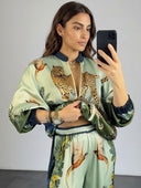 Exotic Jungle Print Zip-Up Shirt & Wide Leg Pants Set
